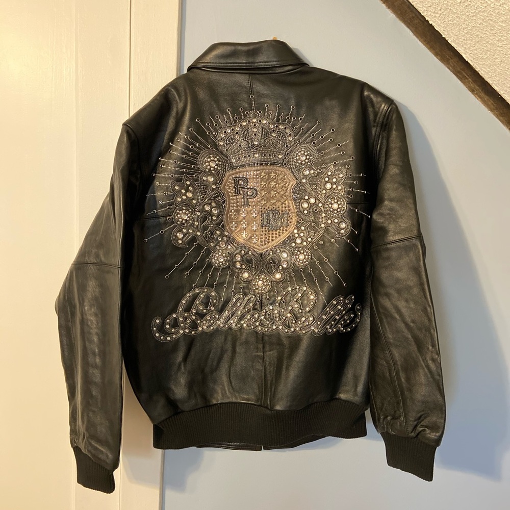 Pelle Pelle Black Leather Bomber Jacket with Gold Embellishments